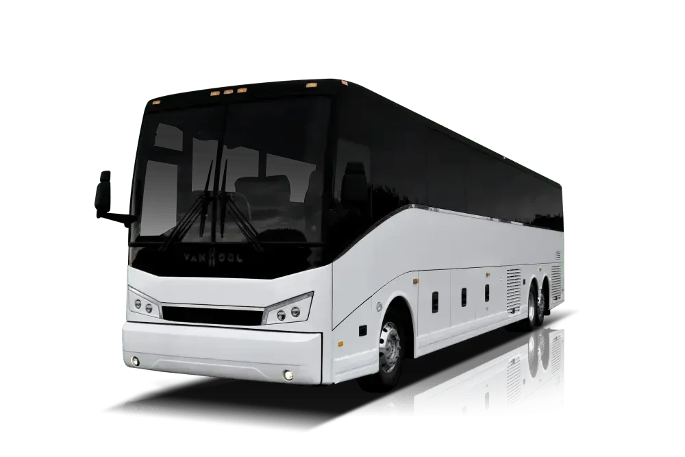 White tour bus with black windows.