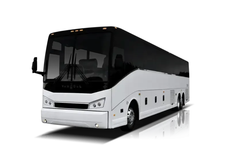White charter bus on a white background with black tinted windows.