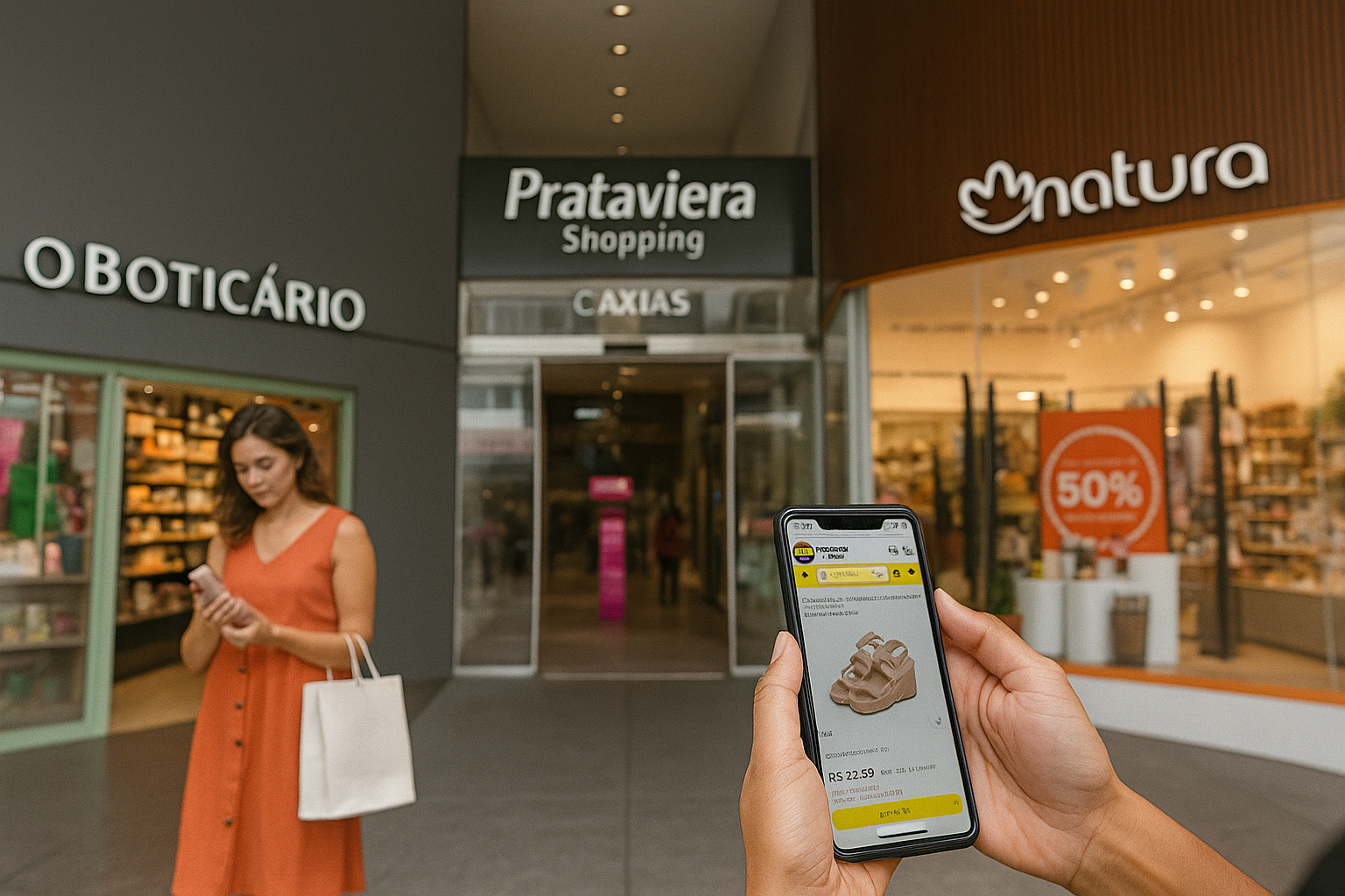 Mulher de vestido laranja fazendo compras no Prataviera Shopping. Celular exibindo aplicativo; lojas