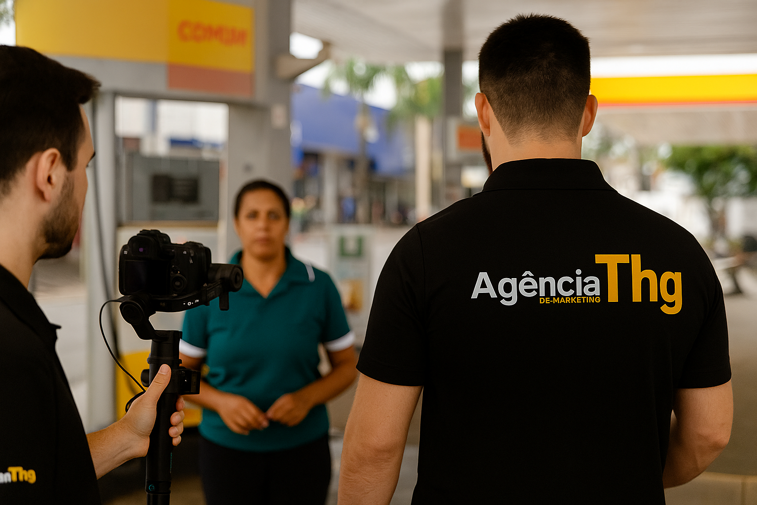 Dois homens filmando uma mulher em um posto de gasolina. Homem de camisa preta com o logotipo da