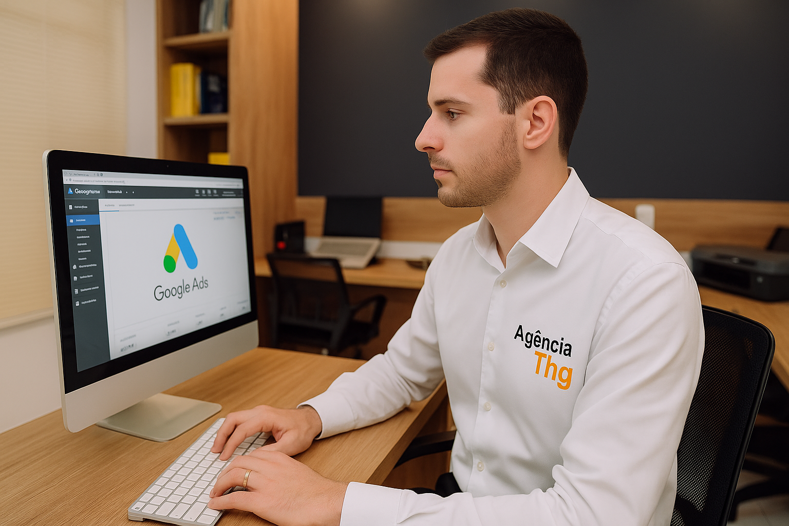 Homem de camisa branca trabalhando em um computador exibindo a interface do Google Ads em uma mesa de escritório.