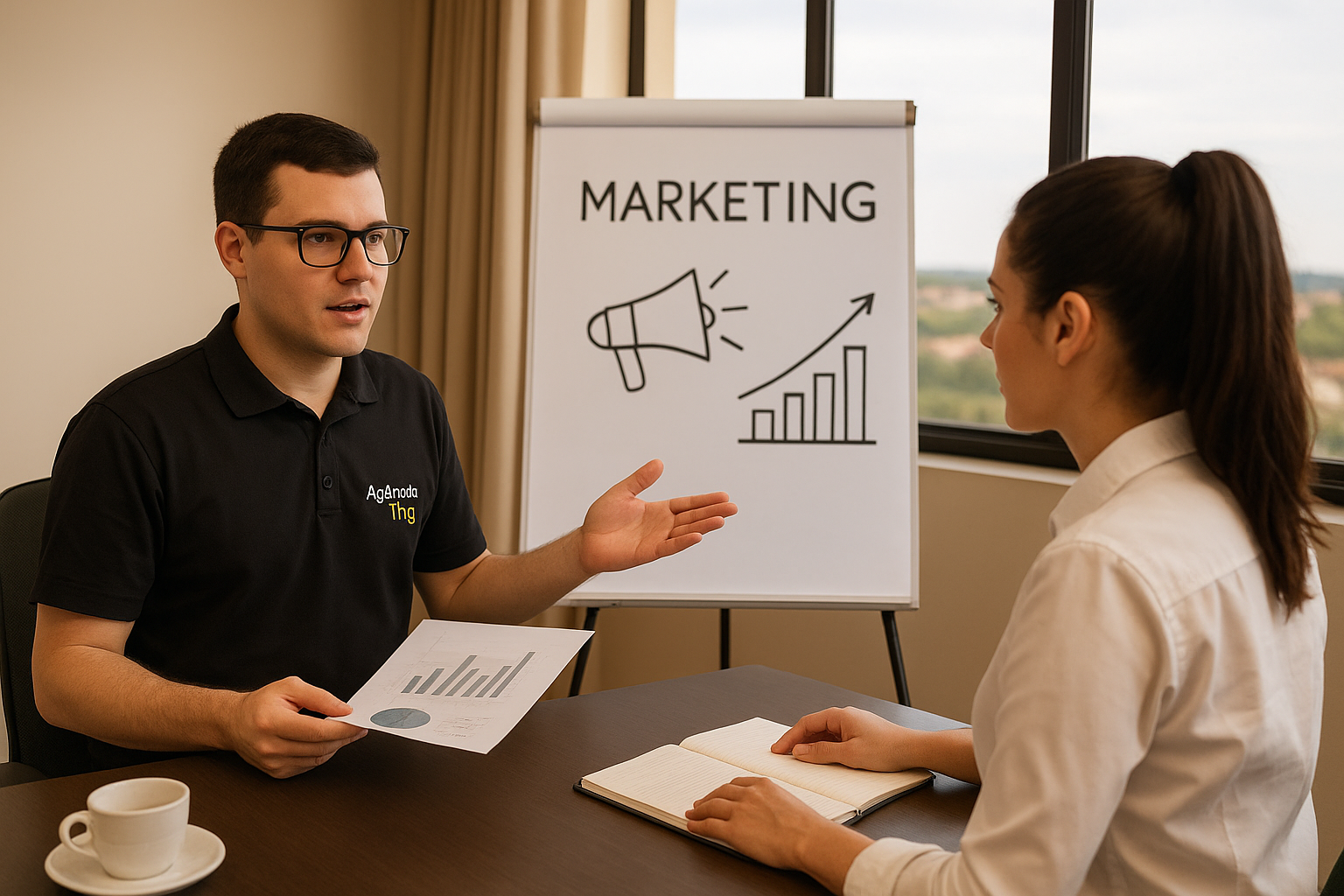 Homem explicando plano de marketing para mulher sentada na mesa, com quadro branco atrás dela.