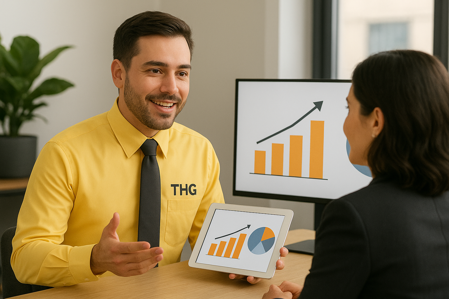 Homem de camisa amarela apresenta gráficos financeiros para uma mulher em um escritório.