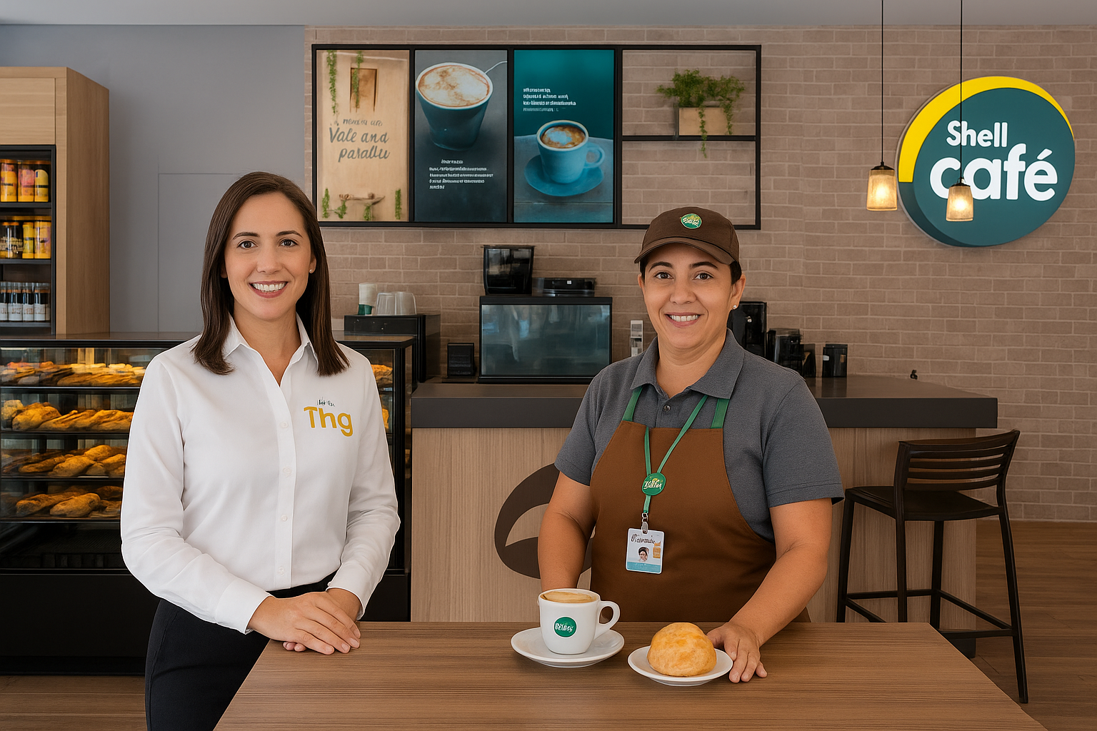 Two women at a Shell Café counter; one in a white shirt, one in an apron holding coffee and a pastry.