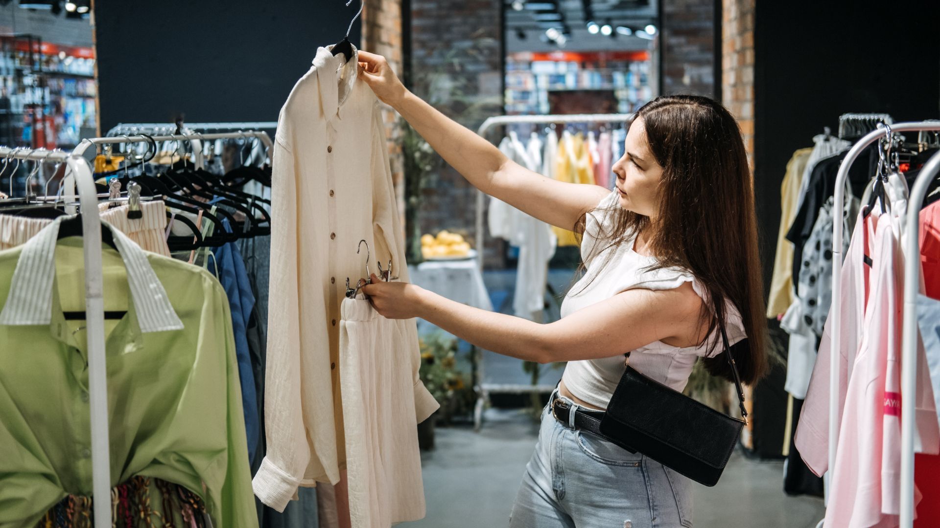 Mulher fazendo compras em uma loja de roupas, olhando para um vestido claro em um cabide.