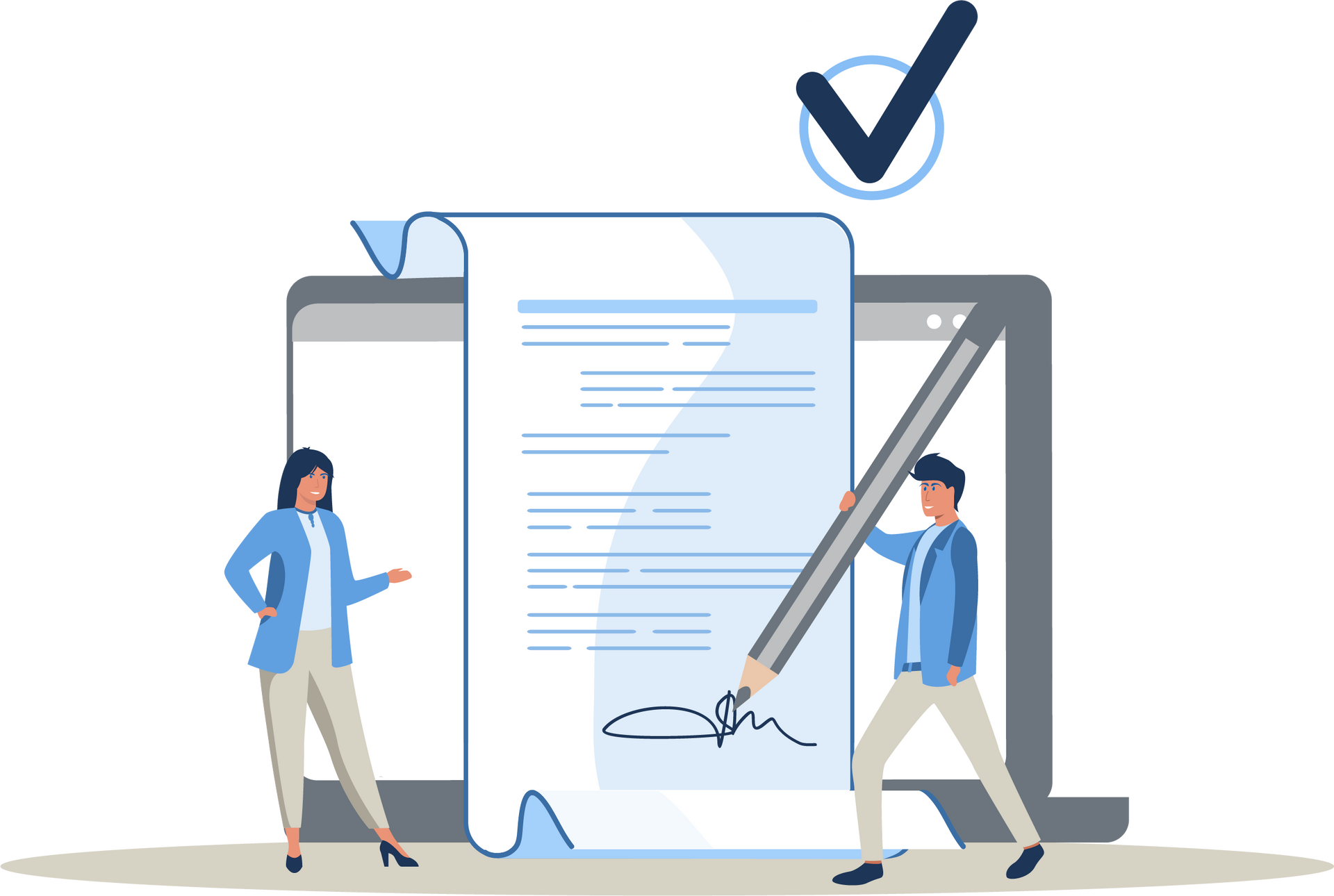 A man and a woman are signing a document with a pencil.