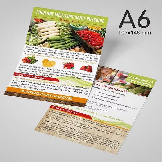 Dépliant A6 avec une photo de légumes dessus
