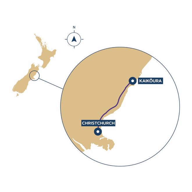 The Map of the Journey for The Whale Train experience that Journeys from Kaikoura to Christchurch in New Zealand.