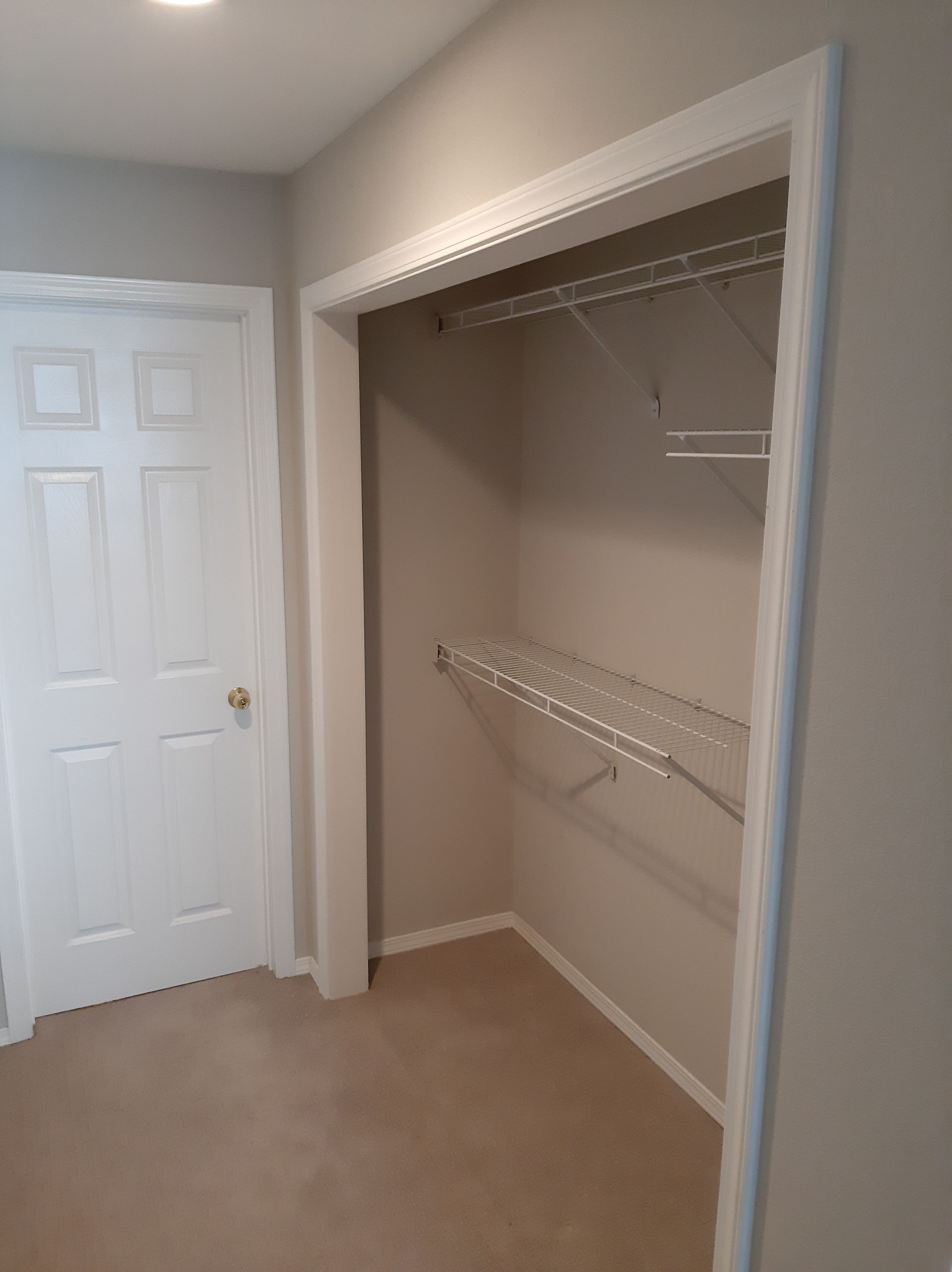 An empty walk in closet with a white door and shelves.
