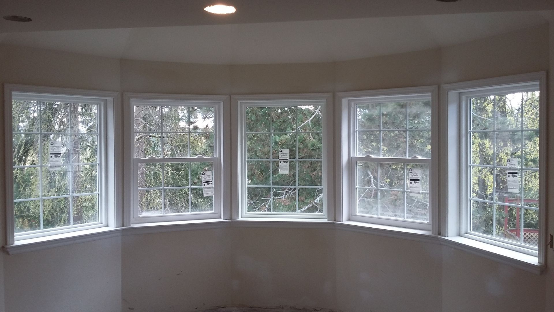 A room with a lot of windows and trees in the background.