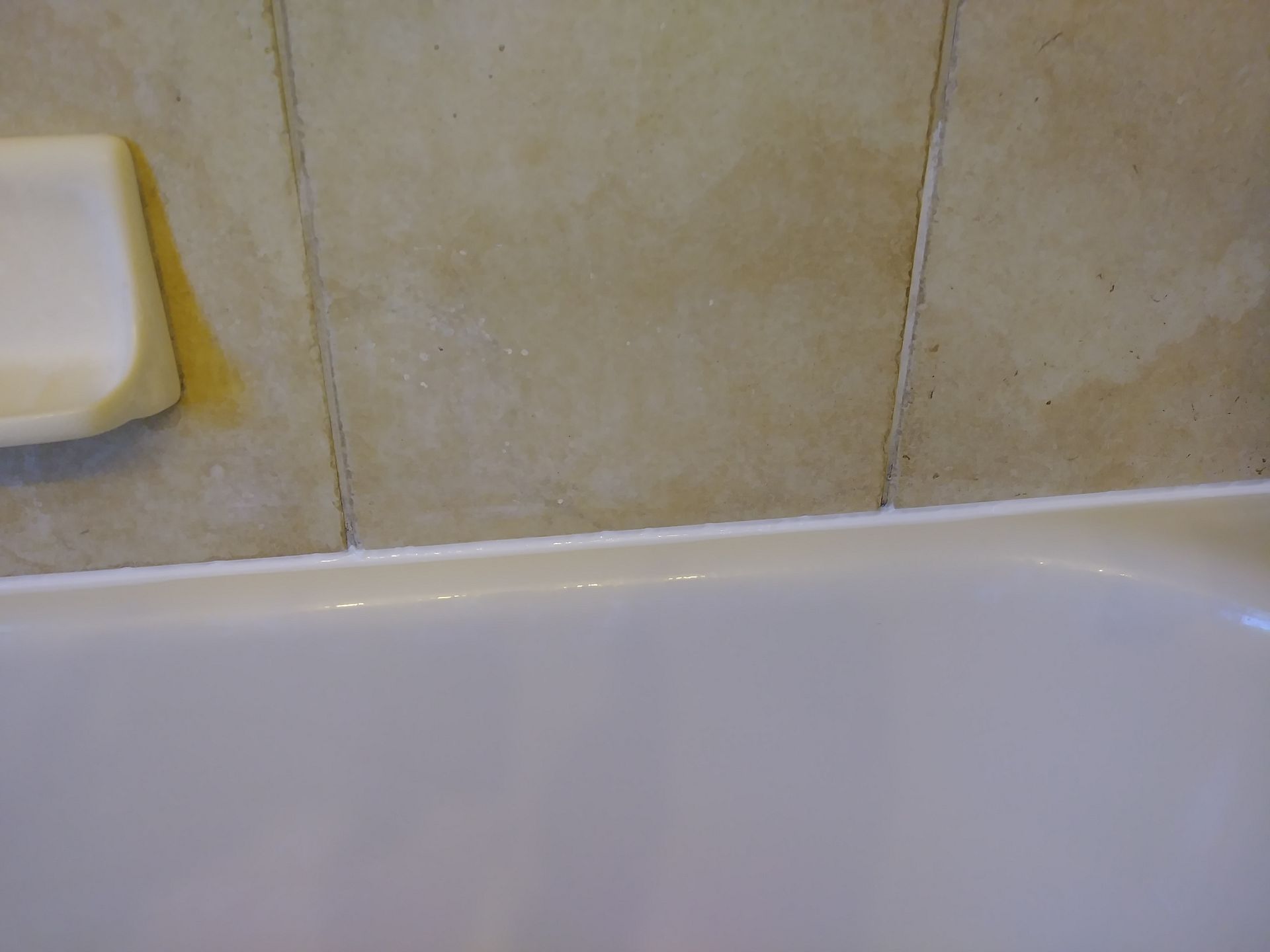 A white bathtub in a bathroom next to a soap dish.