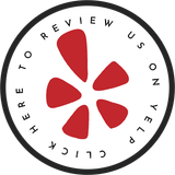 A yelp logo that says here to review us on yelp