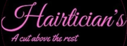 Pink script logo reading “Hairician’s” with the tagline “A cut above the rest” on a black background