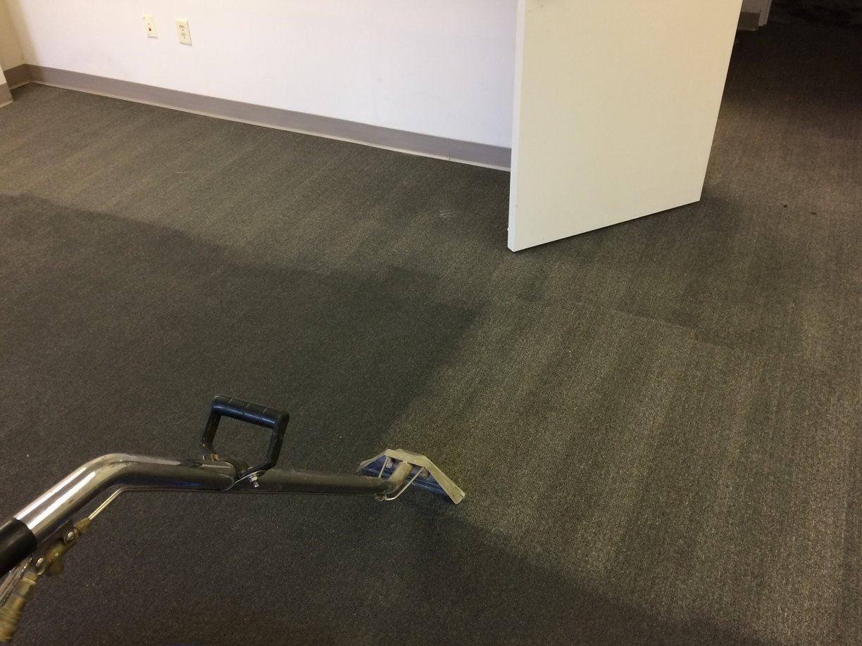 A person cleans a dark gray carpet in an office with a carpet cleaner.