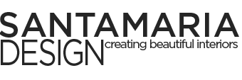 The logo for santamaria design is black and white and says `` creating beautiful interiors ''.