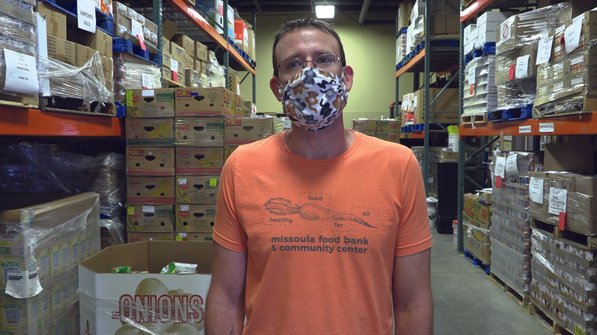 Missoula Food Bank director Aaron in the warehouse