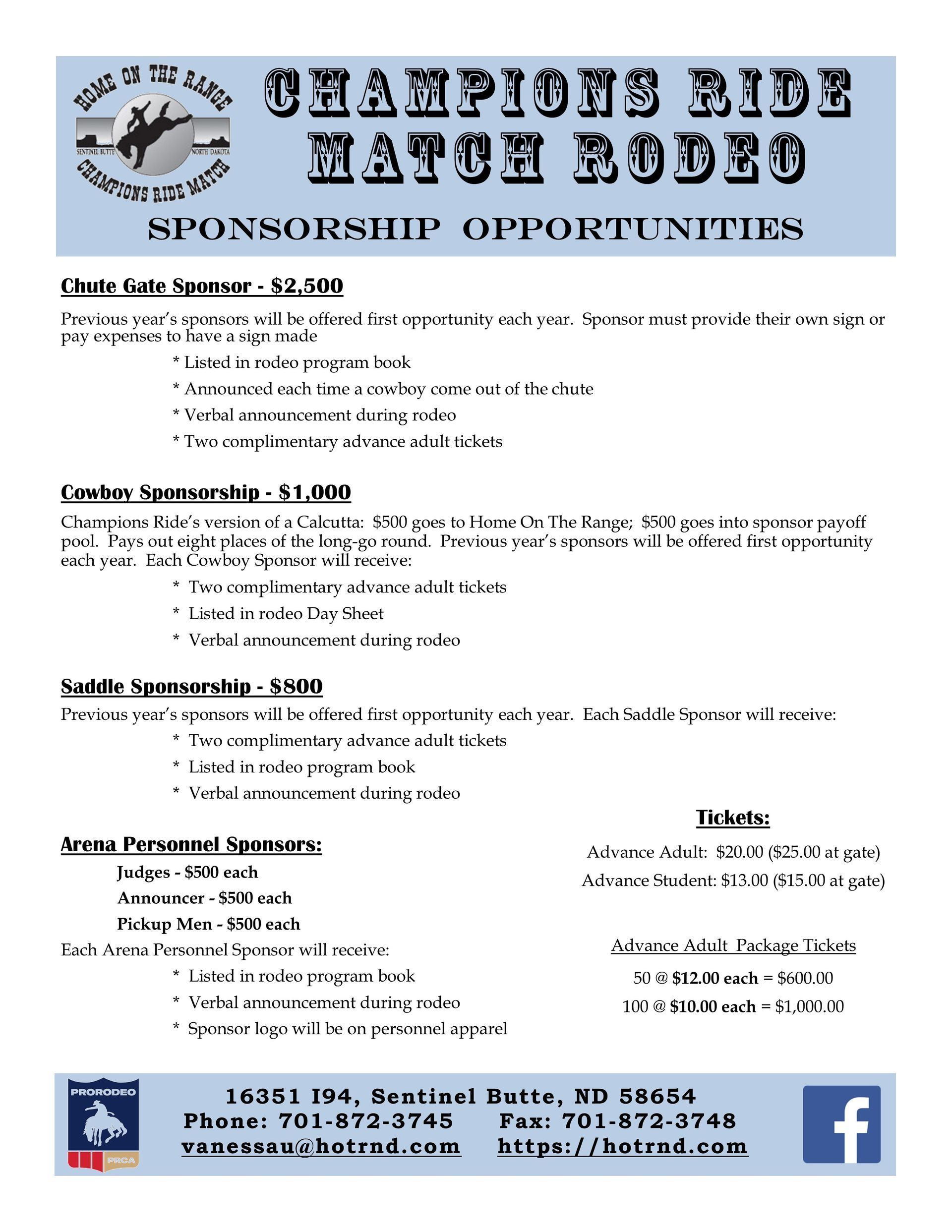A flyer for the Champions Ride Match Rodeo listing sponsorship opportunities, ticket prices, and contact information.