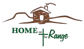 Logo for Home on the Range with a brown cabin icon above the text in green, featuring a cross through the letter t.
