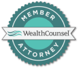 WealthCounsel member attorney seal; turquoise and white, circular design.