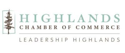 Logo for Highlands Chamber of Commerce with a tree illustration, text: Highlands Chamber of Commerce, Leadership Highlands.