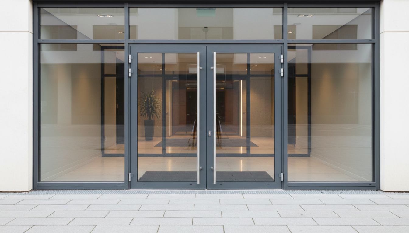Modern glass storefront with double entrance doors and large windows, front view