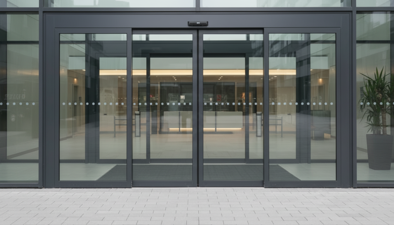 Glass-fronted building entrance with automatic sliding doors and a tiled walkway