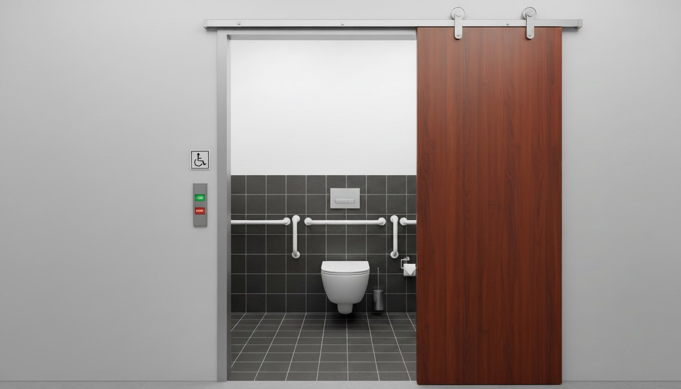 Public restroom with a partially open wooden sliding door and a toilet visible inside.