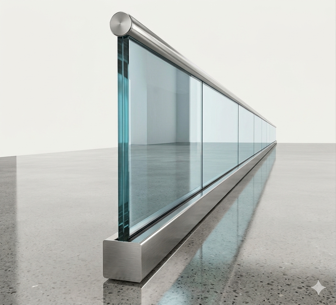 Modern glass railing with blue-tinted panels on a polished concrete floor