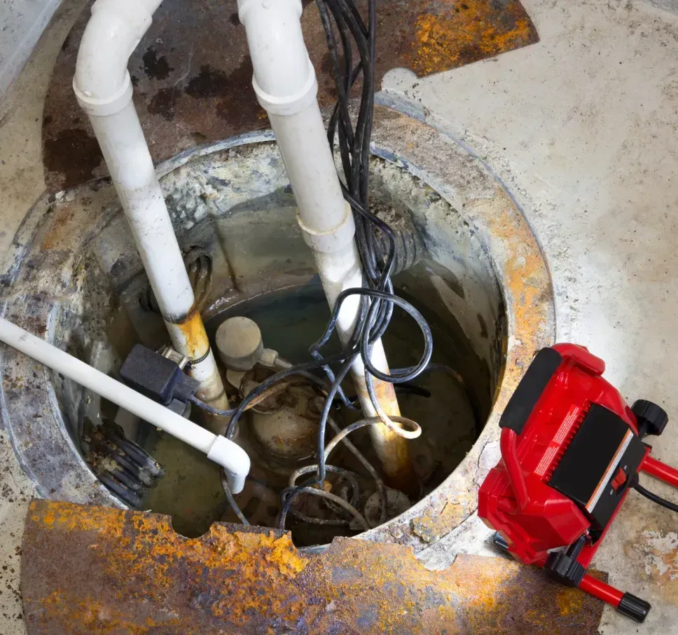 A red light is sitting next to a sump pump in a basement.