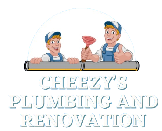 The logo for Cheezy 's plumbing and renovation shows two men holding pipes and a plunger.