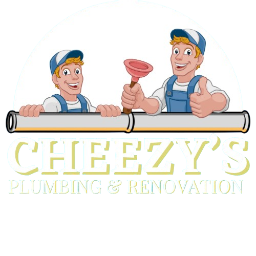 The logo for Cheezy 's plumbing and renovation shows two men holding pipes and giving a thumbs up.