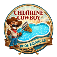 Chlorine Cowboy pool services logo with cowboy mascot, net, blue pool water, and rope frame
