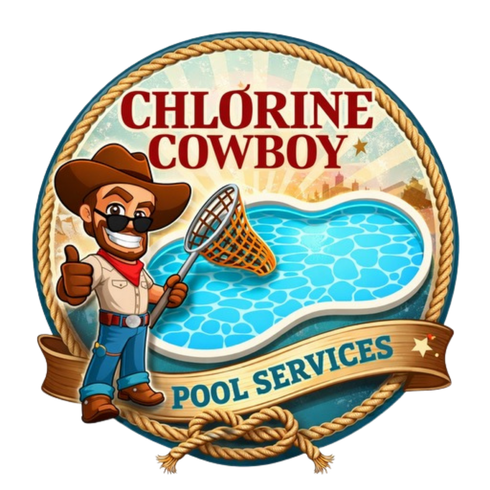 Clorine Cowboy pool services logo with cowboy mascot, pool net, and blue water