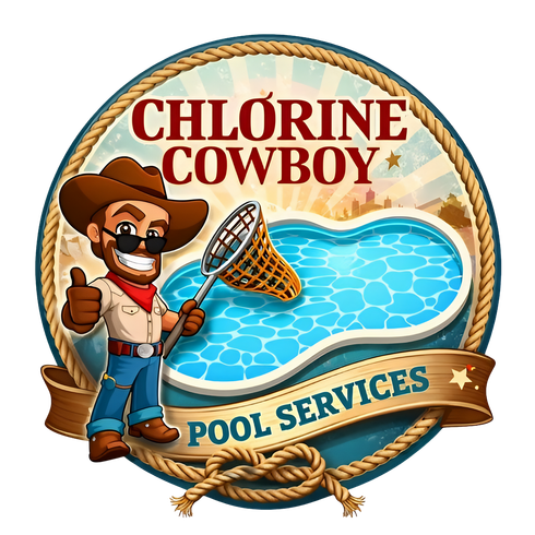 Clorine Cowboy pool services logo with cowboy mascot, pool net, and blue water