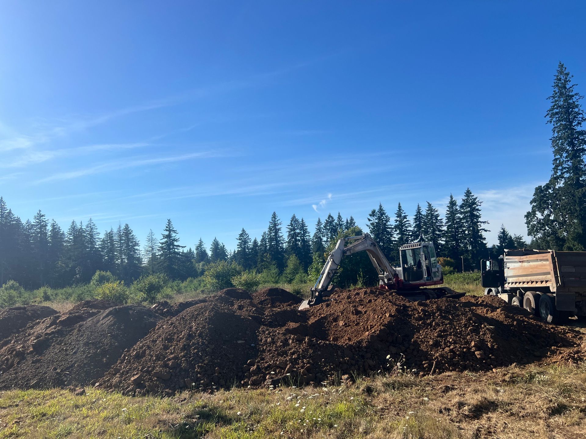 Orange excavator on a construction site; the bucket is resting on the ground. Setting sun in the background.