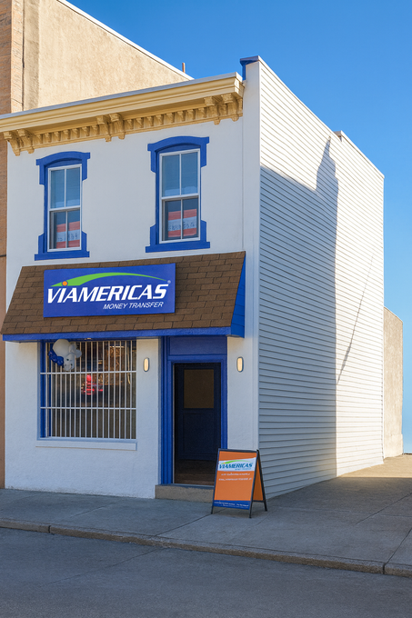 Tan commercial building with a blue sign that reads 