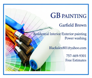 Business card for GB Painting. Shows paint brushes, roller, and color swatches. Contact info for Garfield Brown.