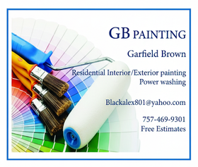 Business card for GB Painting. Shows paint brushes, roller, and color swatches. Contact info for Garfield Brown.