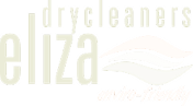 Eliza drycleaners logo in light green, with a flowing design element and business address.