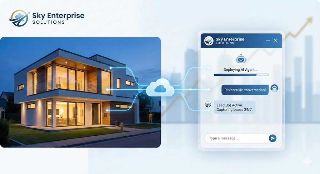 Modern house linked to cloud data and a chat interface displaying real-time data analysis.