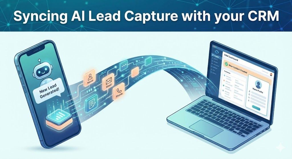 Smartphone with AI lead capture syncing data to a laptop CRM via a digital pathway.