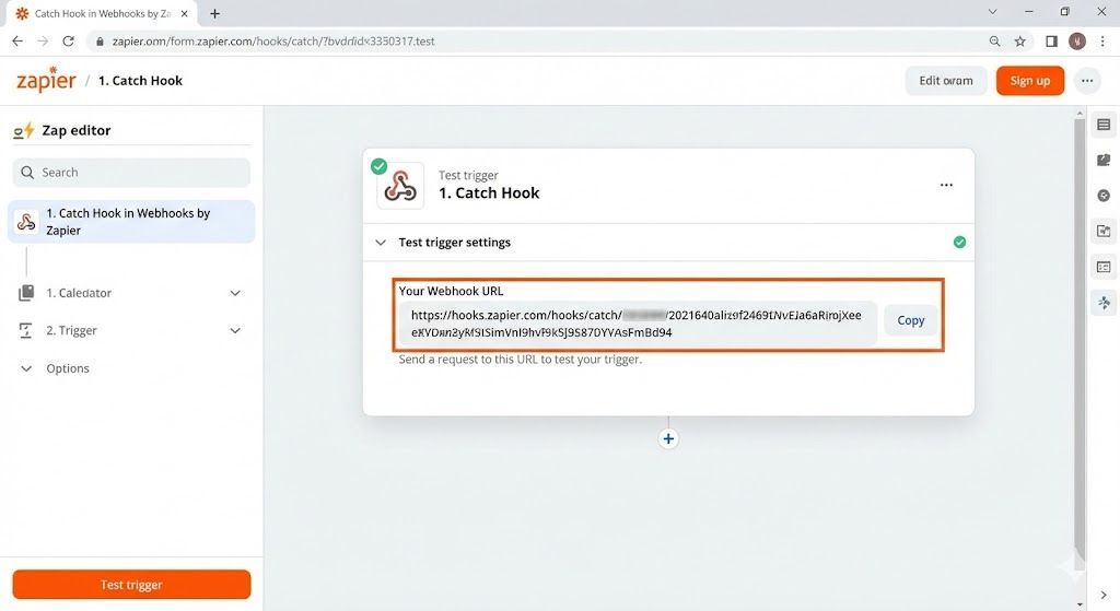 Screenshot of Zapier showing the generated Webhook URL
