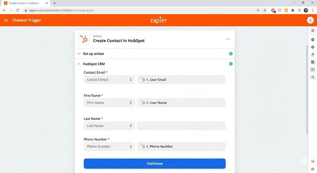 Screenshot of Zapier's data mapping screen showing chatbot variables being matched to CRM fields