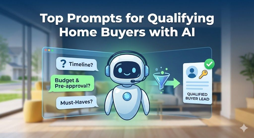 AI robot presenting top prompts for qualifying home buyers. Text on screen includes 