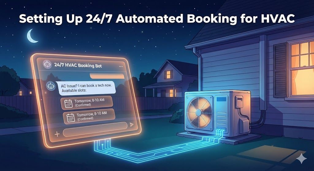 Night scene: HVAC unit glows with digital booking screen.  Blue lights connect the unit and the house. 