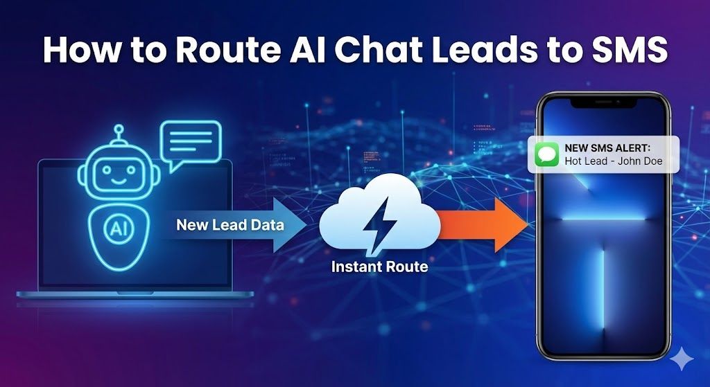 Diagram showing AI chat leads routed to SMS via a cloud service. Blue, purple, and orange colors are used.