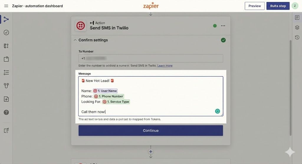Screenshot showing the drafted SMS message in Zapier with mapped data fields for name and phone number