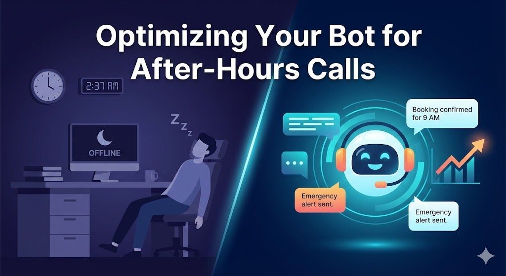 Man sleeping at desk, contrasted with a smiling bot assisting after-hours calls.