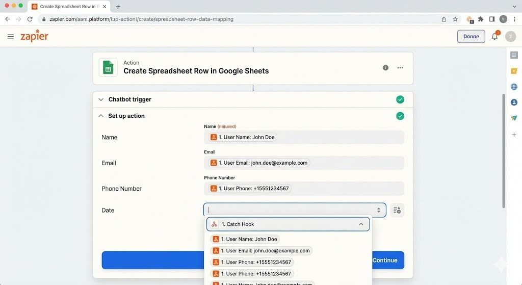 Screenshot of Zapier's data mapping screen showing chatbot variables being linked to Google Sheets columns