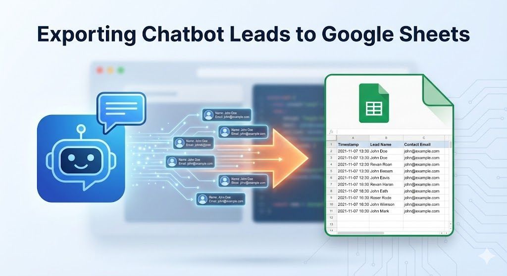 Graphic showing a chatbot icon, data flow, and Google Sheets document, illustrating lead export.